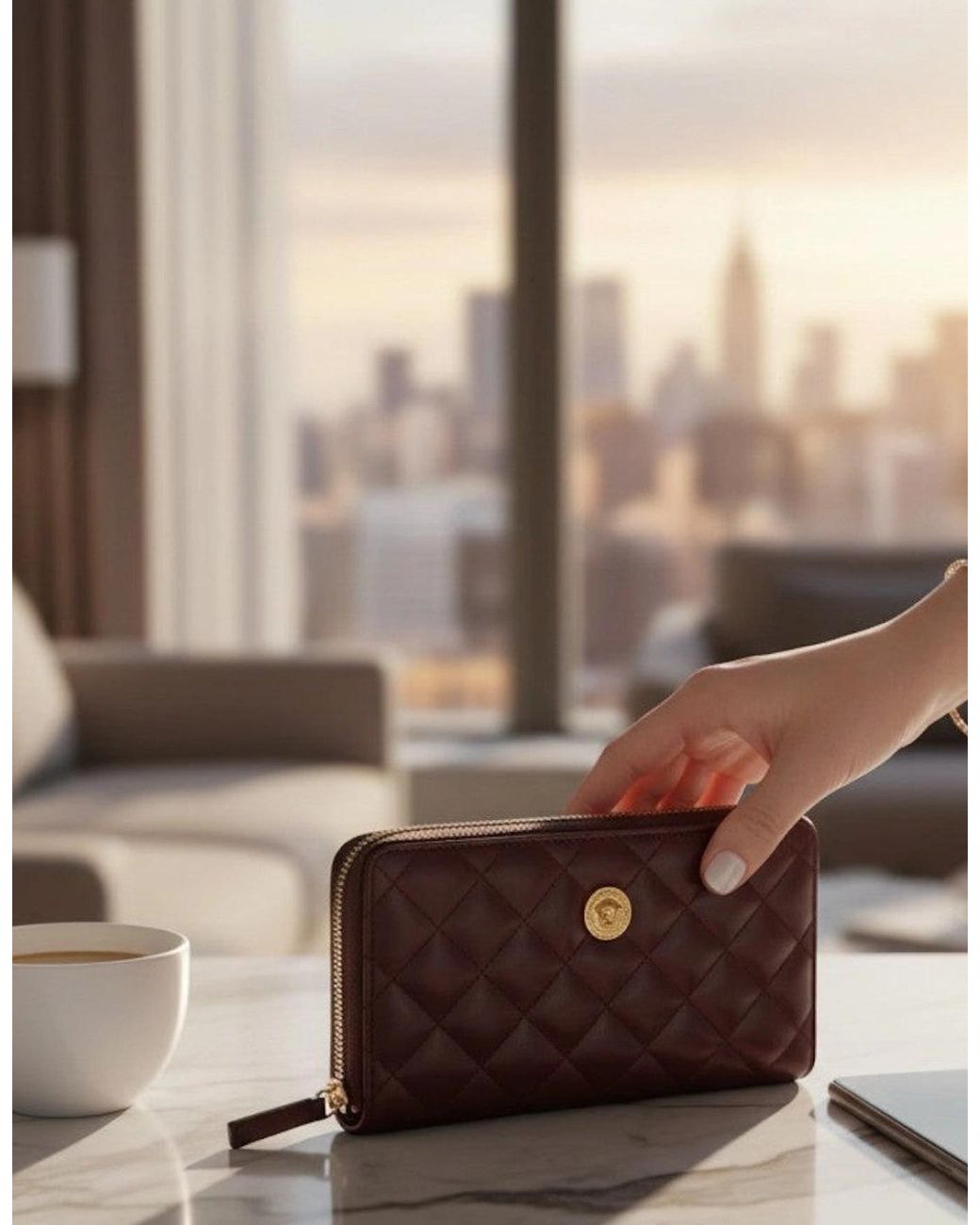 Versace Brown Logo Medusa Zip Around Wallet Quilted Aubergine