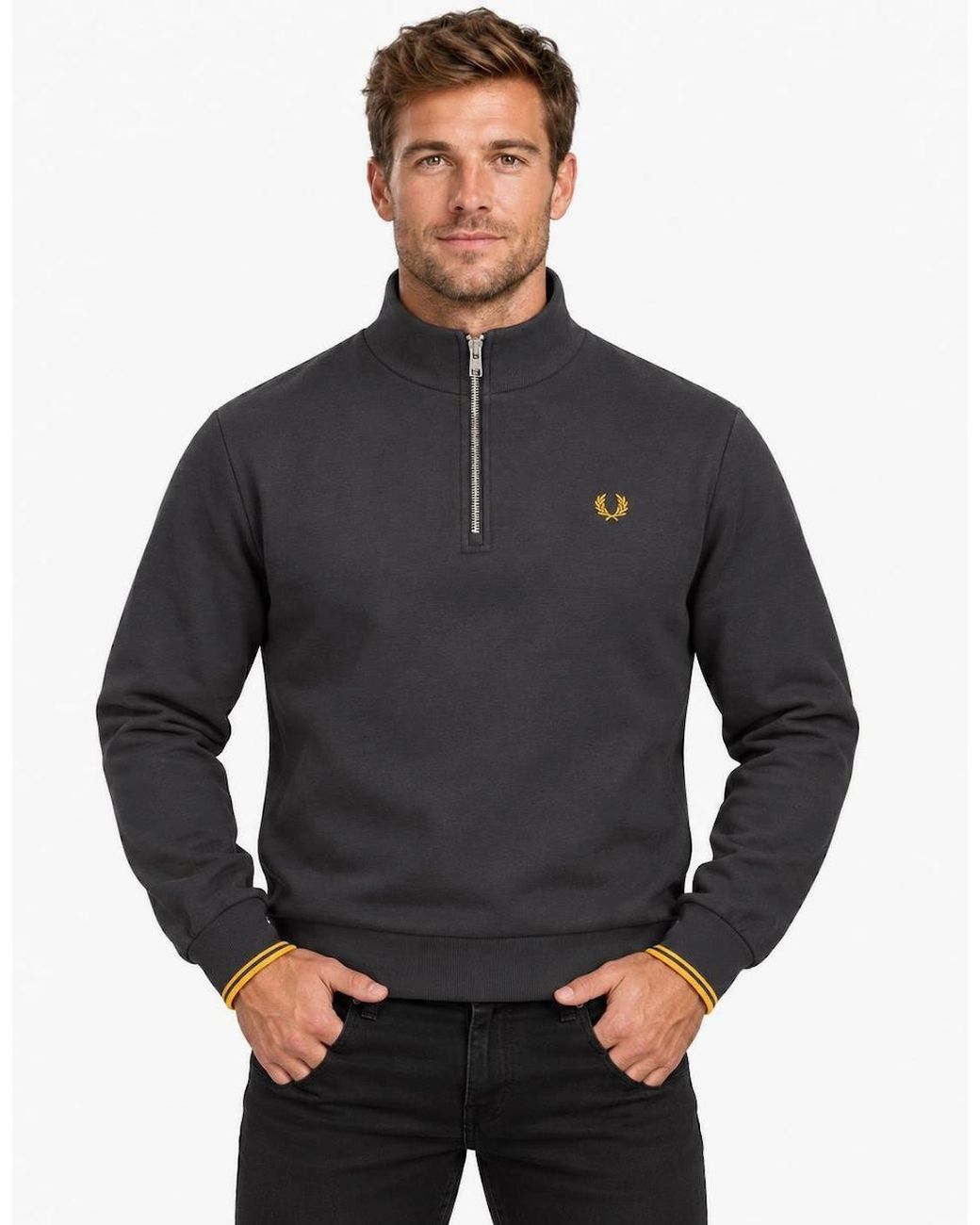 Fred Perry Gray Half Zip Sweatshirt Anchor/Golden for men