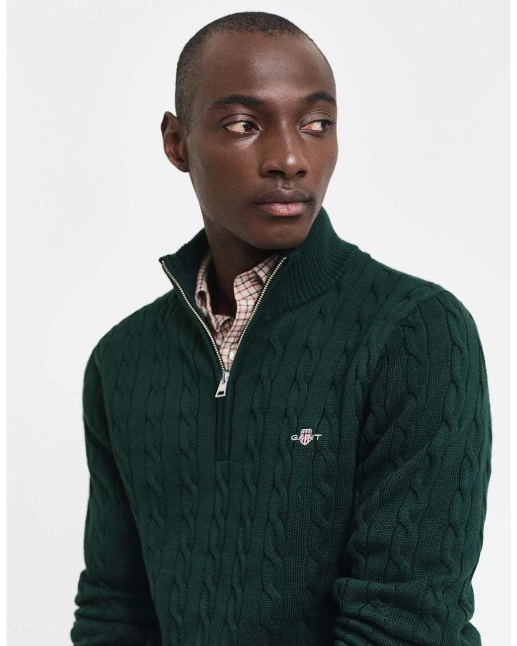 Gant Green Cotton Cable Half Zip Jumper for men