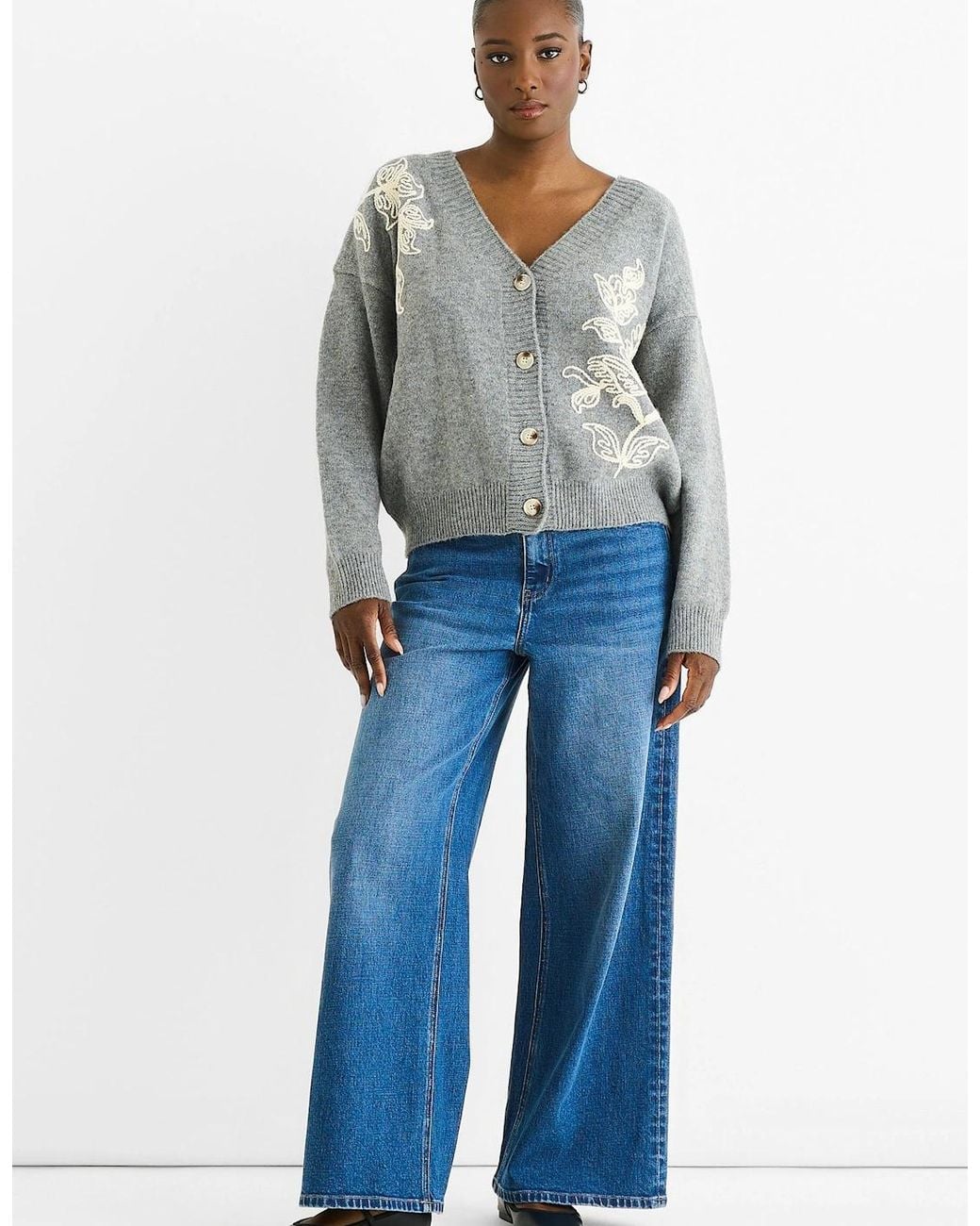 Gini London Blue Floral Appliqué Wool Mix Cardigan