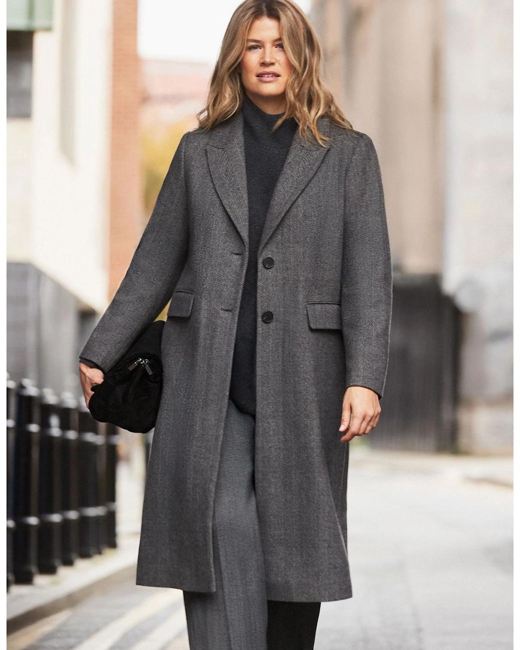 Live Unlimited London Gray Herringbone Wool Blend Tailored Coat