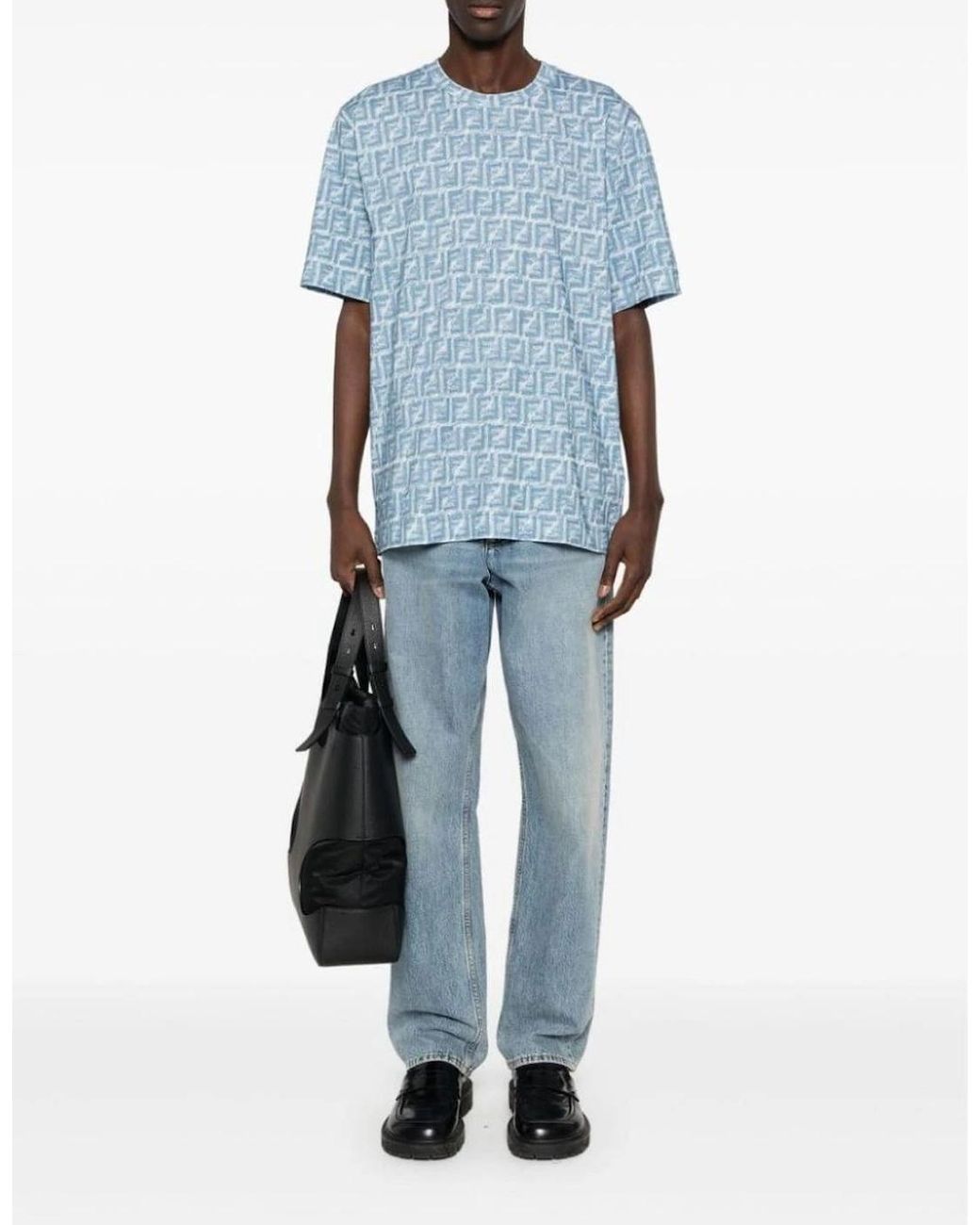 Fendi Blue Jeans Fringed Monogram Ff Print Oversized T-Shirt for men