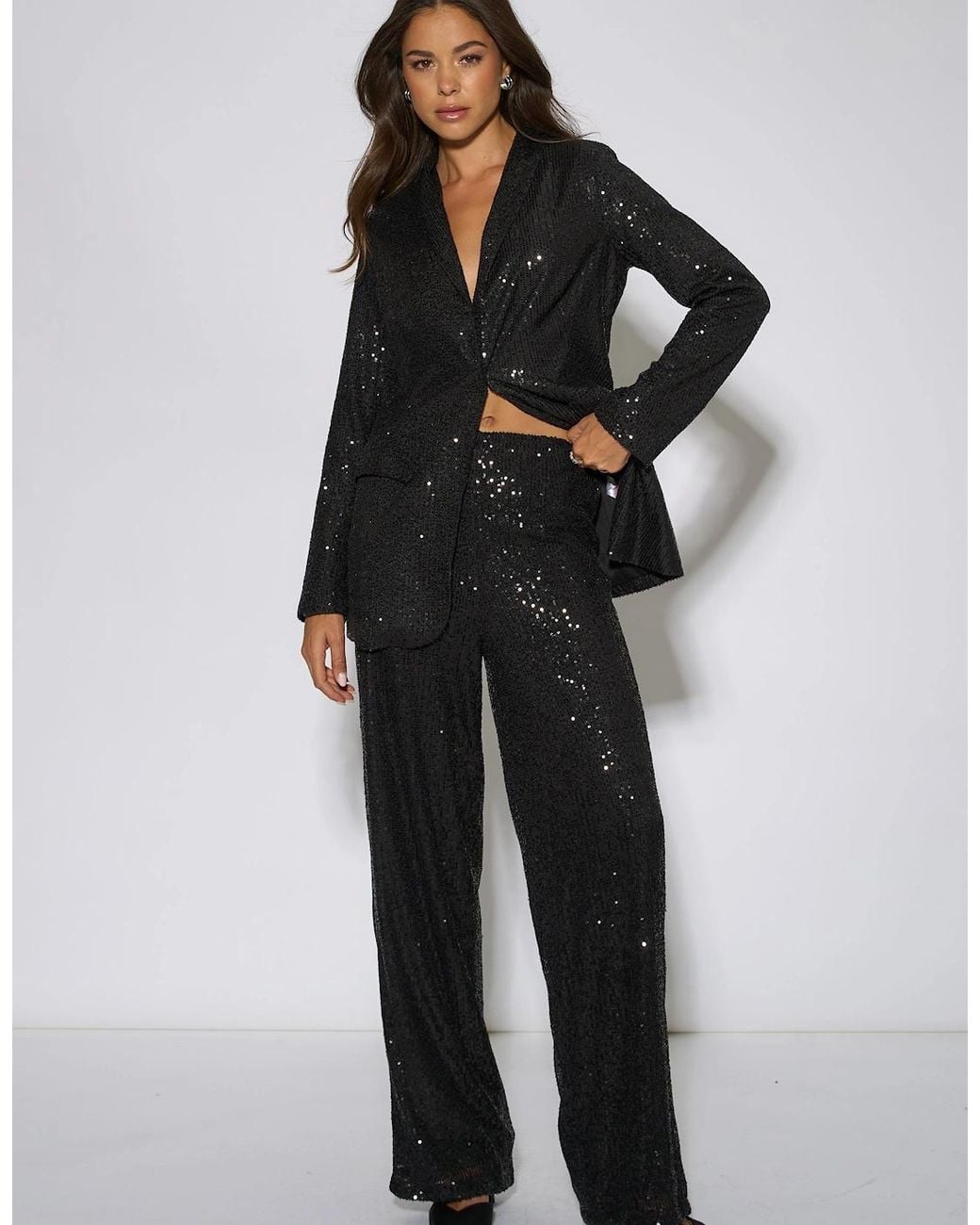 Gini London Black Sequin Wide Leg Trouser