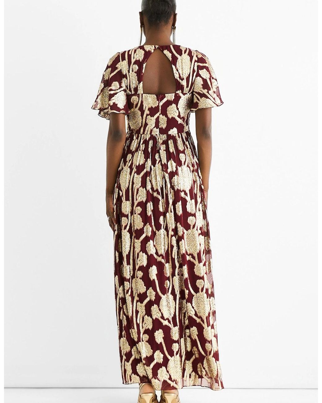 Gini London Multicolor Burgundy Metallic Jacquard Flutter Sleeves Floral Maxi Dress