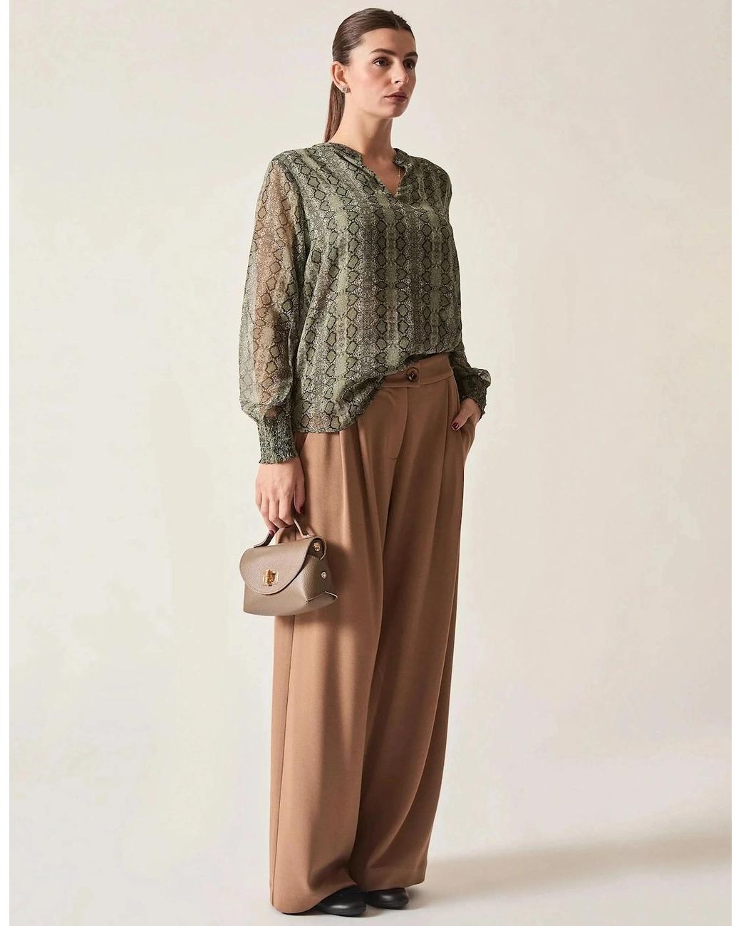 James Lakeland Natural Multi-Tone Snake Print Sheer-Sleeve Blouse