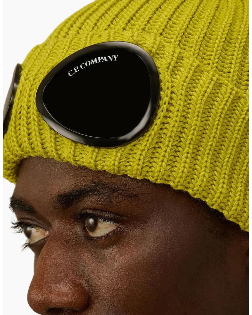 C P Company Yellow Extrafine Merino Wool Goggle Beanie for men