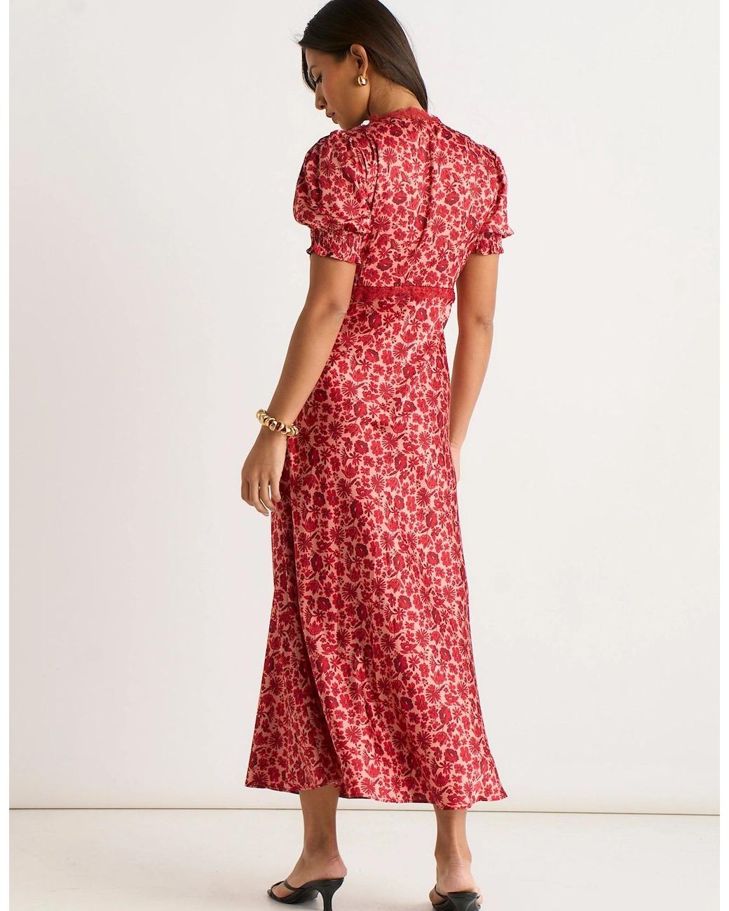 Gini London Red Floral Lace Trim V Neck Midi Dress