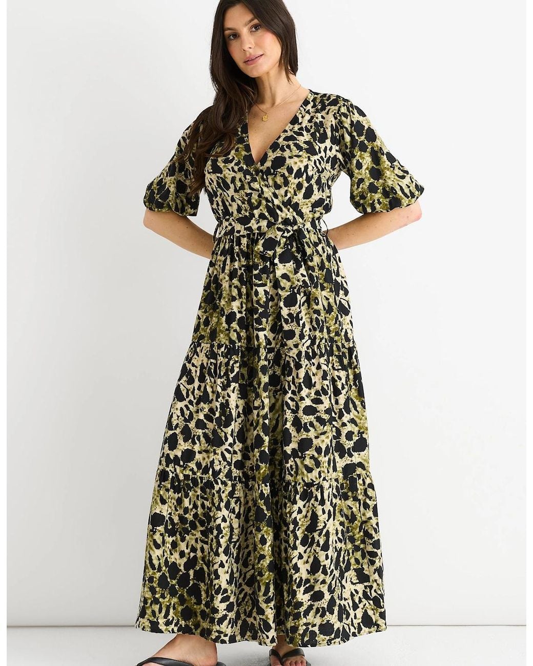 Gini London Green Animal Print Wrap Skater Maxi Dress