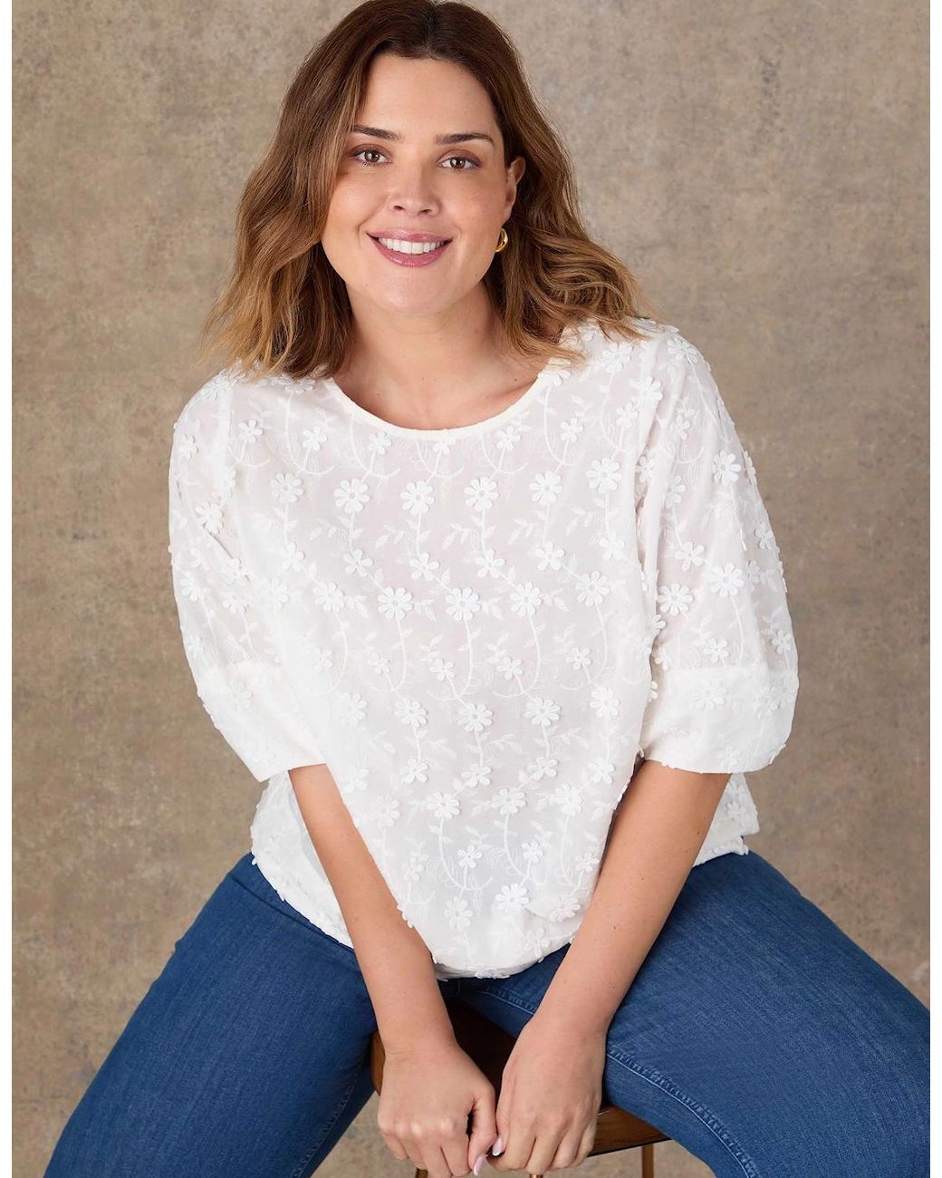 Live Unlimited London White Floral Embroidered Puff Sleeve Blouse
