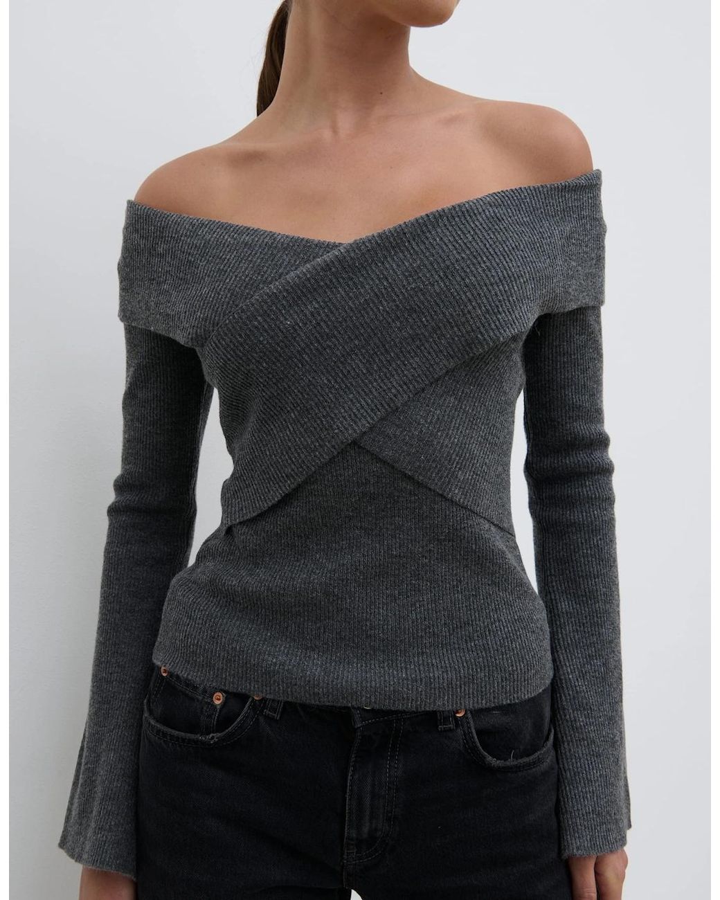 Pretty Lavish Gray Daphne Cross Over Knit Top