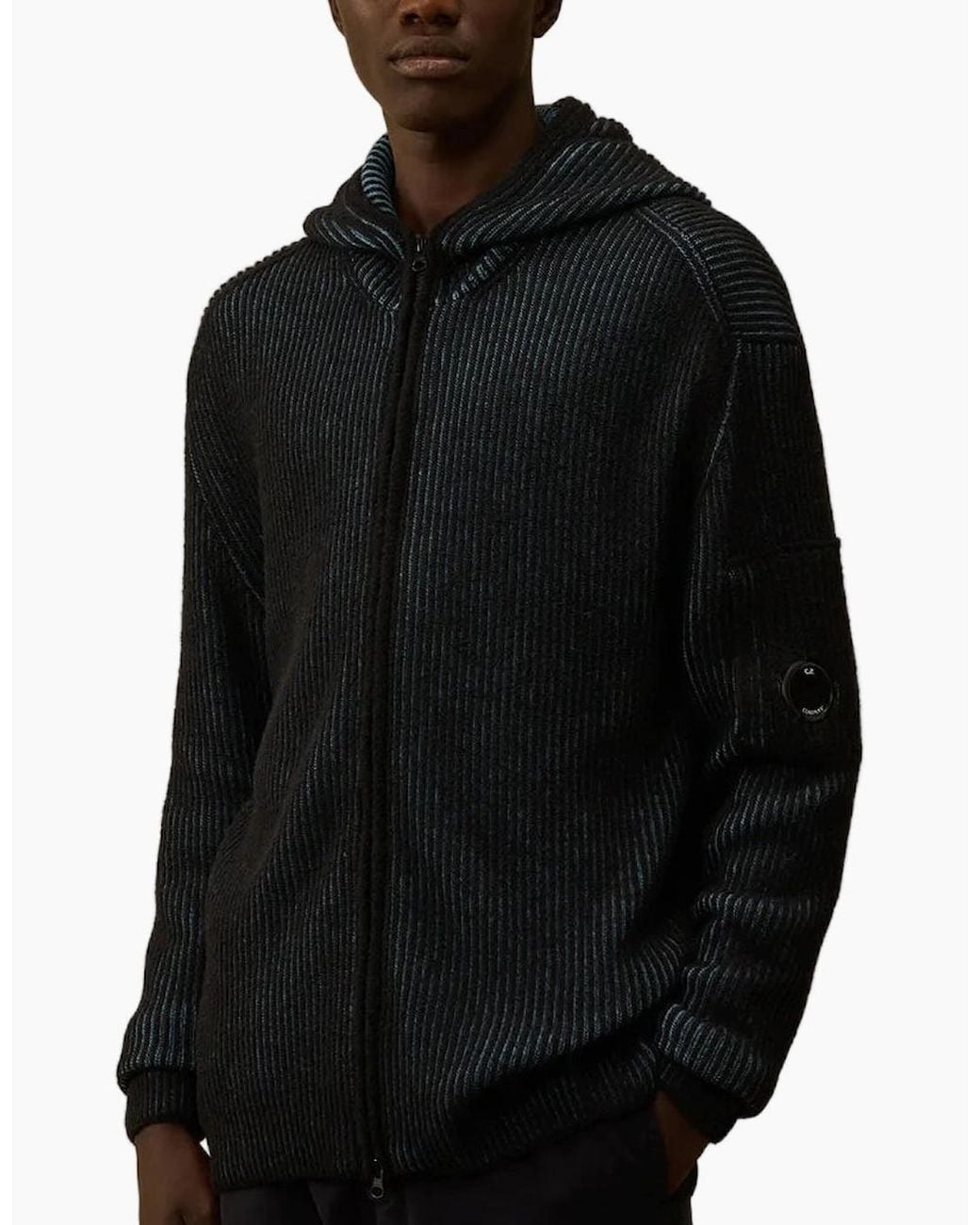 C P Company Black Fleece Knit Zip Lens Hooded Cardigan for men