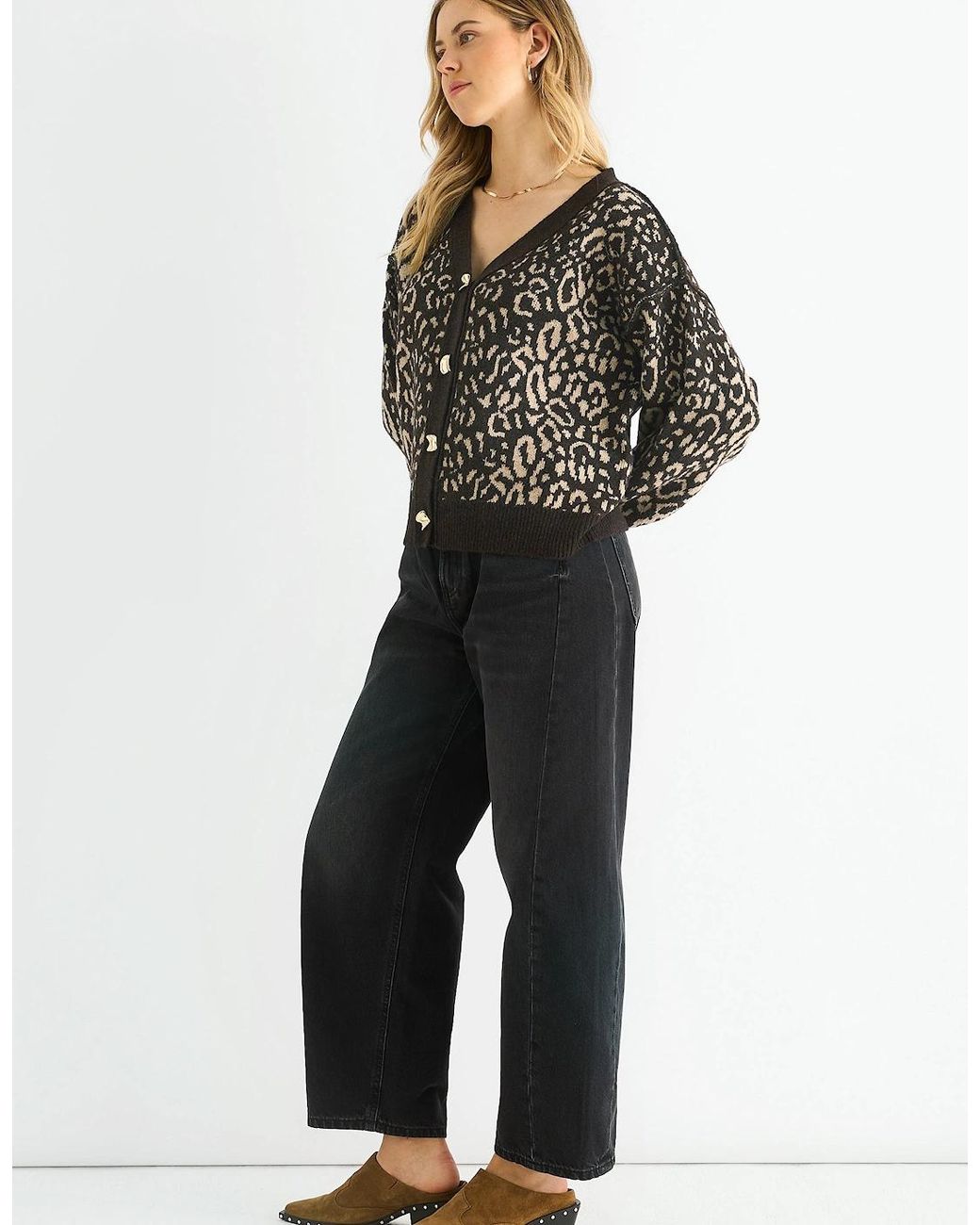 Gini London Blue Chocolate Animal Print Wool Mix Cardigan Look Jumper