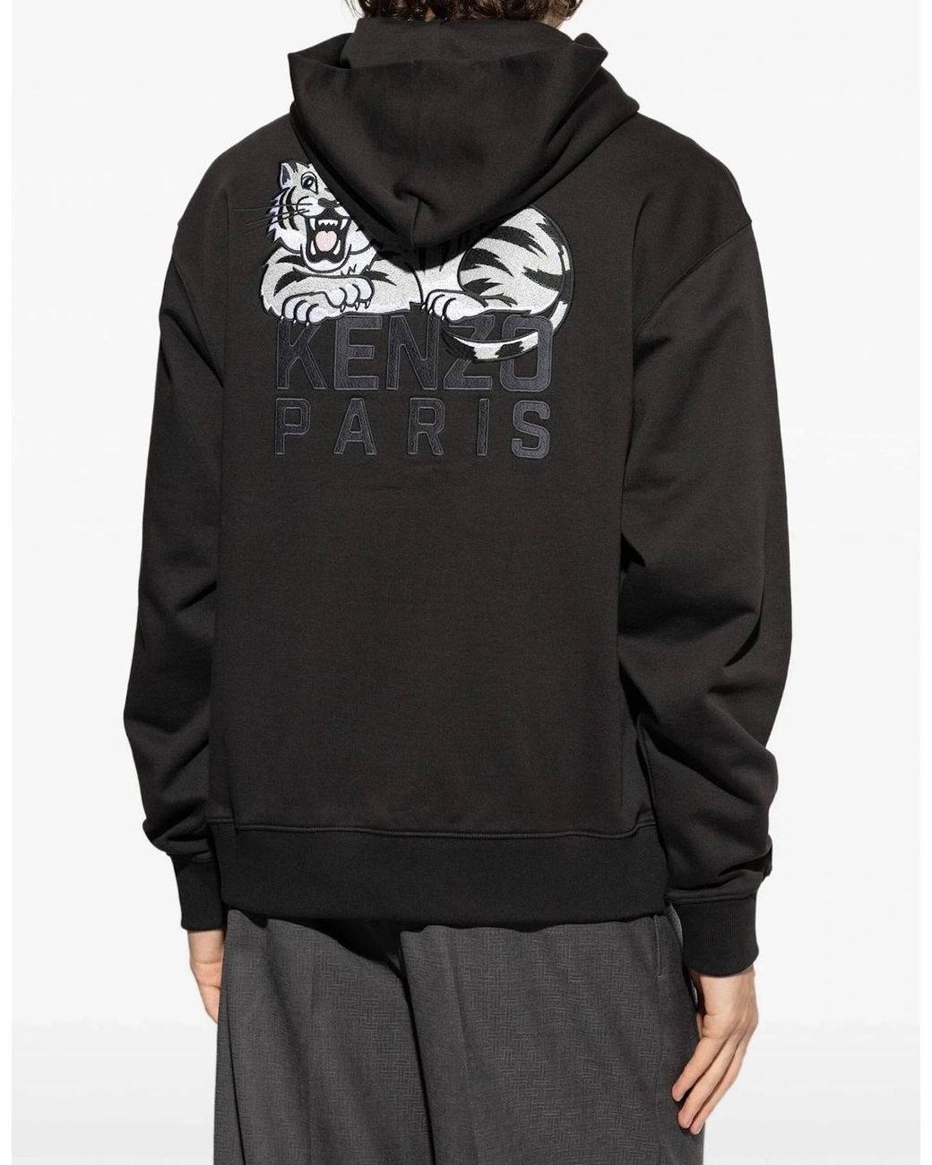 KENZO Black Happy Tiger Embroidered Classic Hoodie for men
