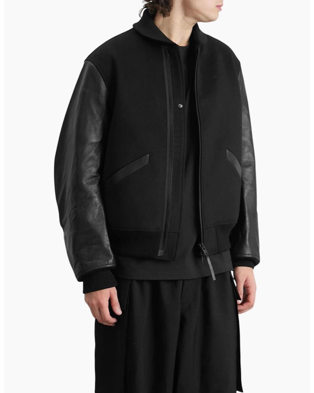 Adidas Black Y3 Letterman Jacket Full Zip Leather Sleeve Bomber Jacket for men