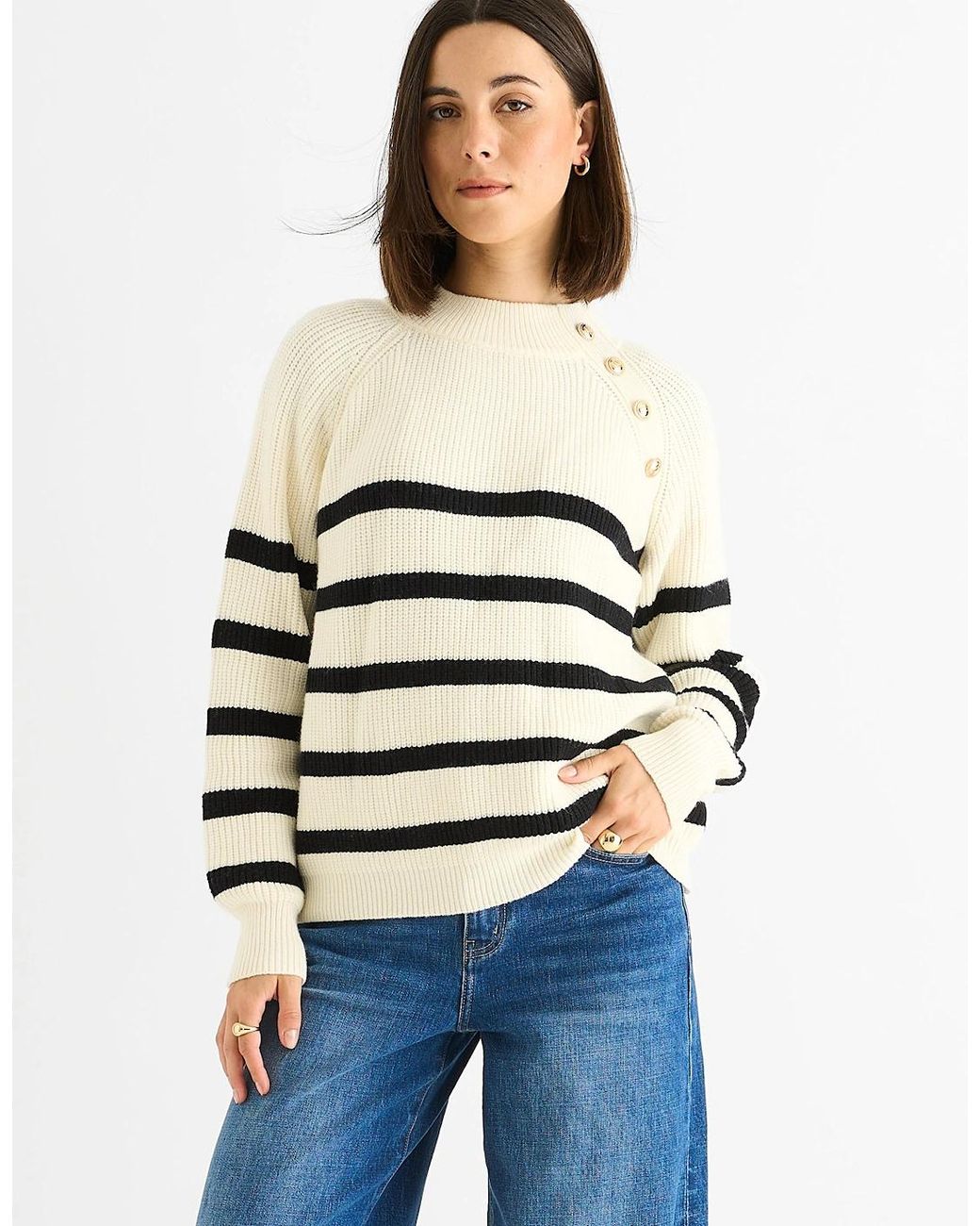 Gini London Blue Cream Stripe Cable Knit Button Oversized Jumper