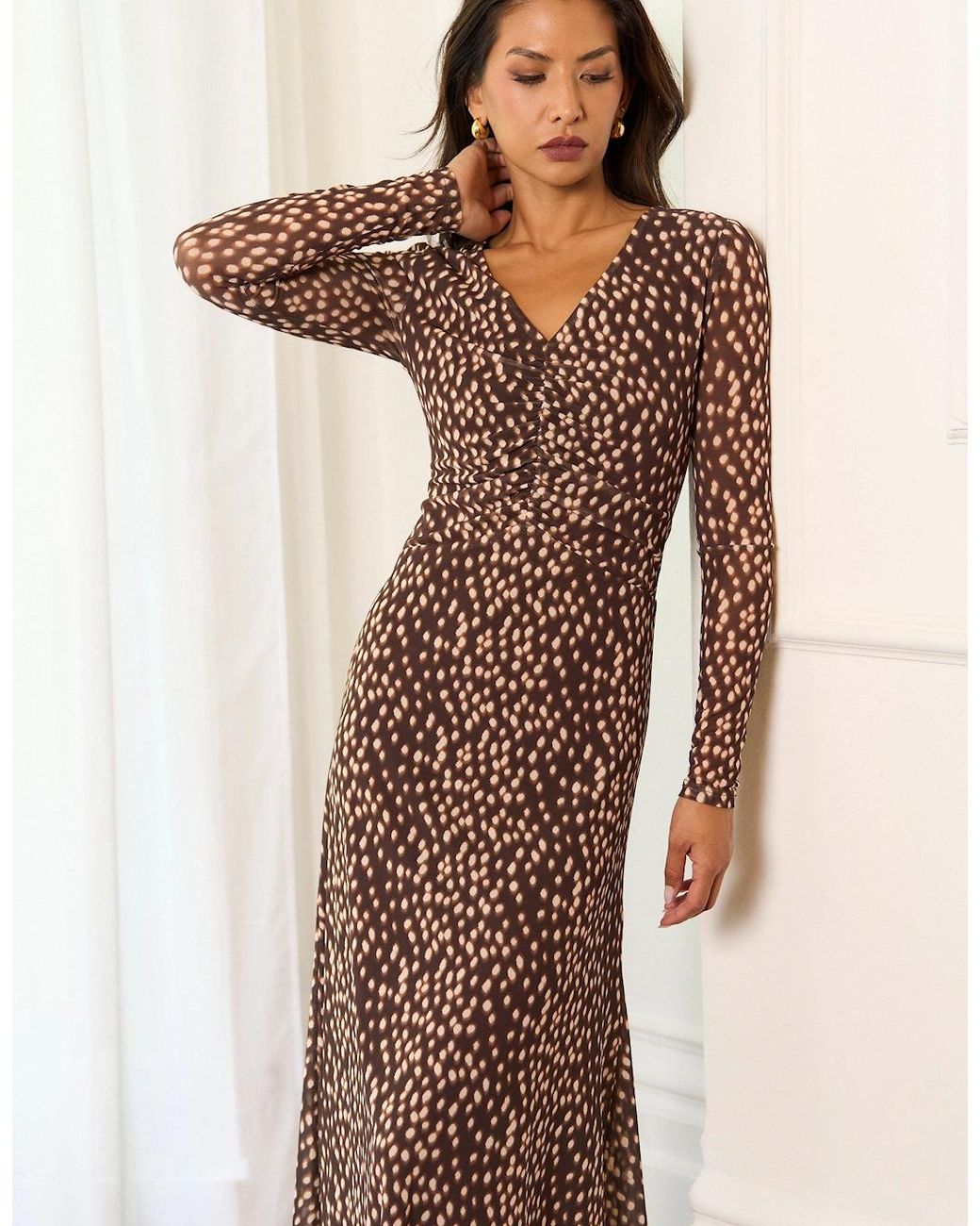Gini London Brown Animal Mesh Ruched Front Midaxi Dress