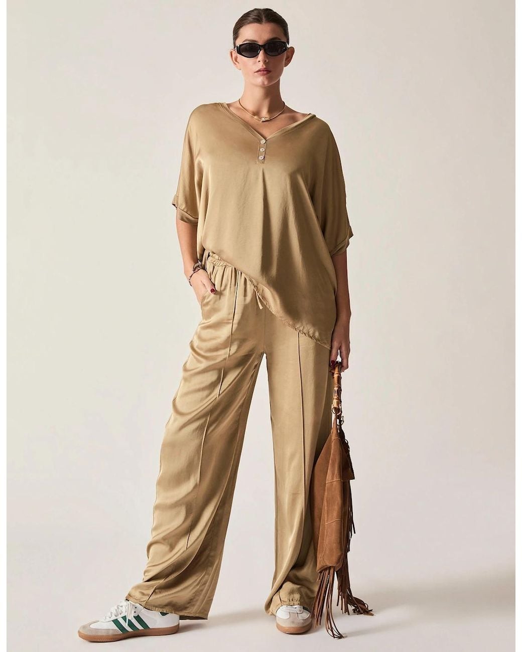 James Lakeland Natural Camel Button Detail Relaxed Fit Top