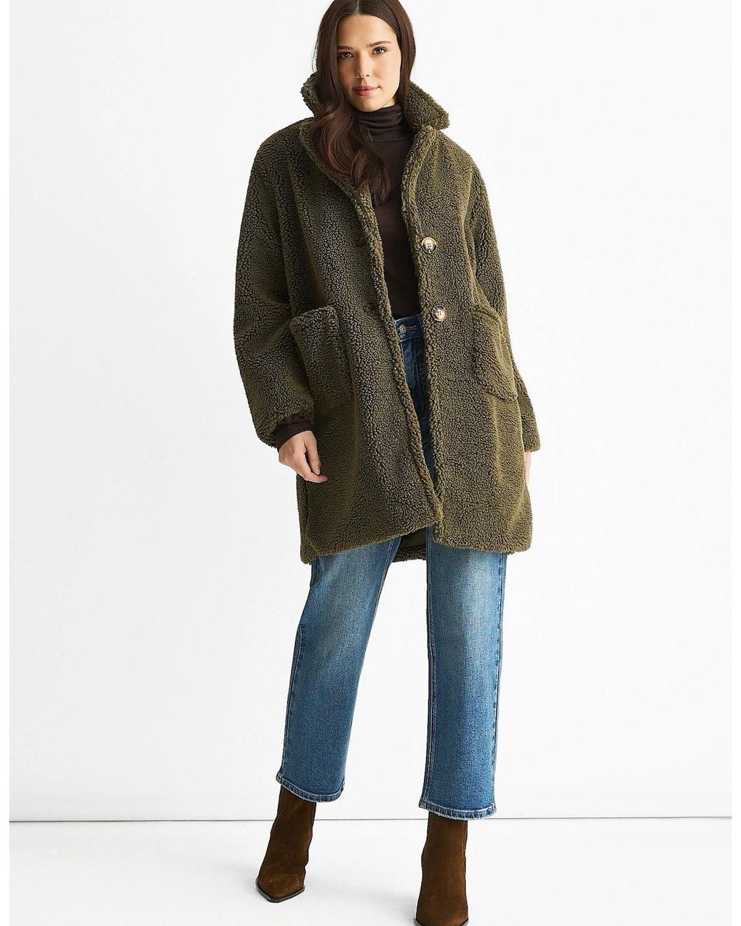 Gini London Natural Khaki Faux Fur Longline Teddy Overcoat