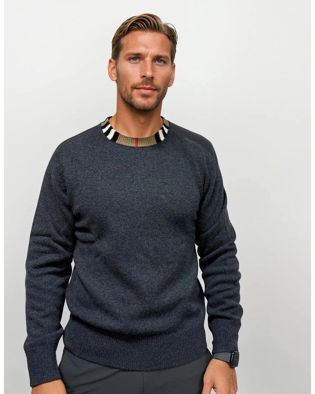 Burberry Blue 'Noland' Knitted Wool/ Cashmere Jumper Check Neck Charcoal for men