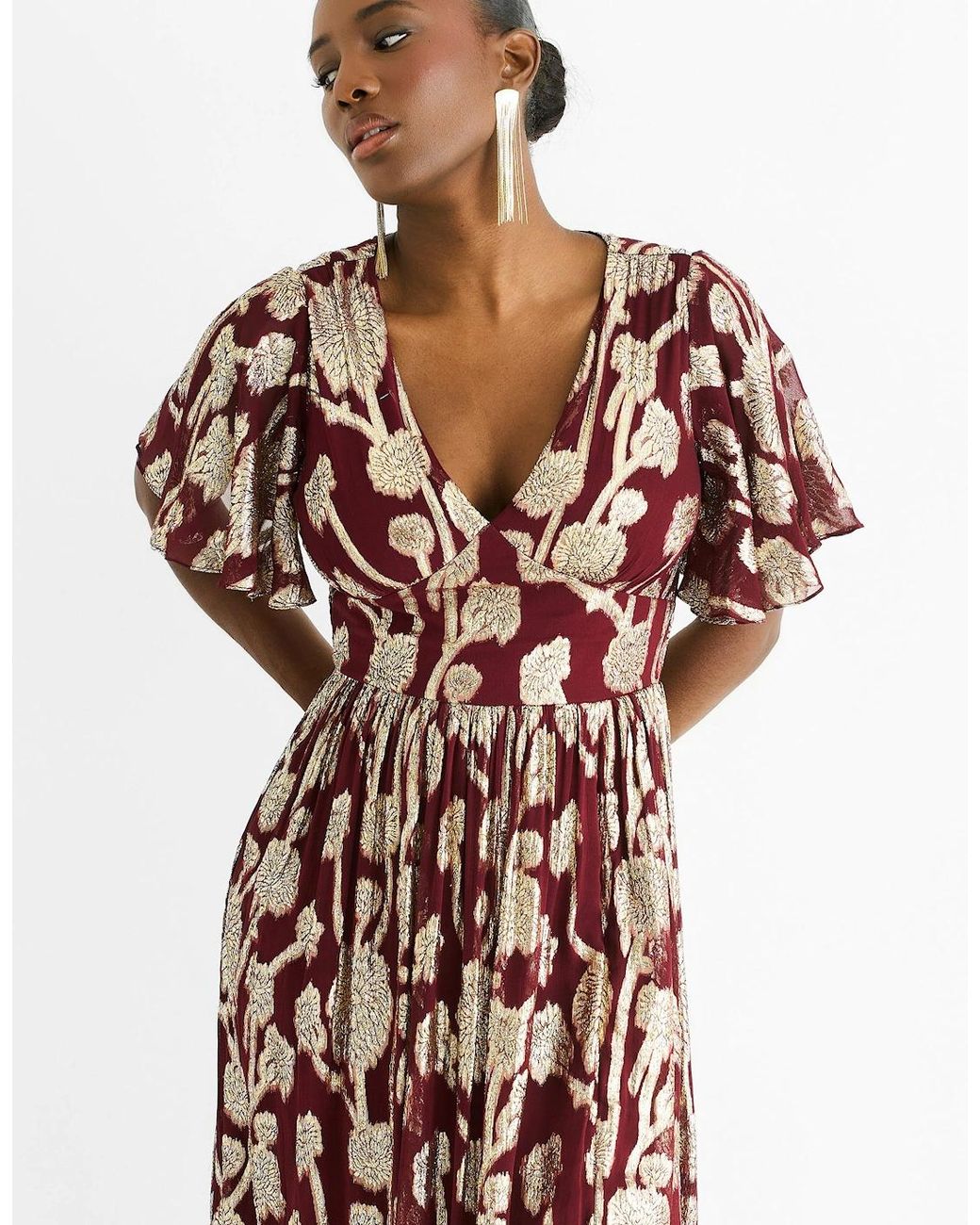 Gini London Multicolor Burgundy Metallic Jacquard Flutter Sleeves Floral Maxi Dress