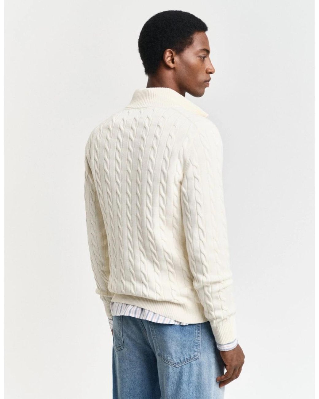 Gant White Cotton Cable Half Zip Jumper for men