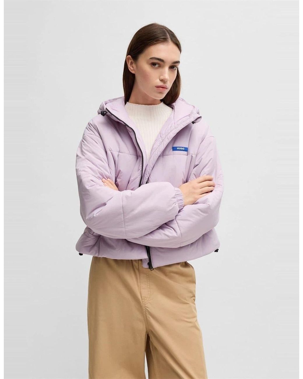 Boss Pink Freya Hooded Neck Solid Patterned Puffer Jacket