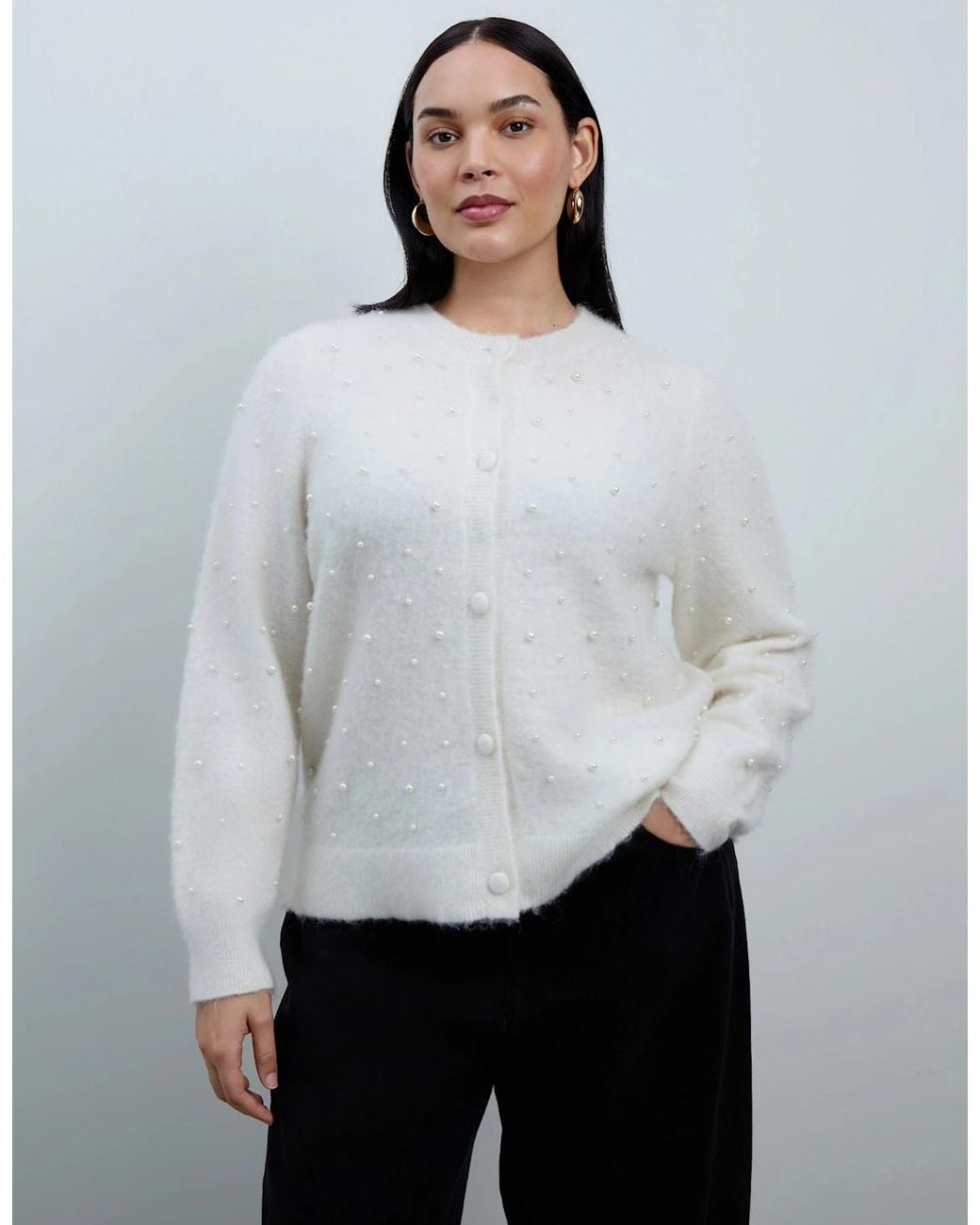 Live Unlimited London White Pearl Button Through Cardigan With Mohair