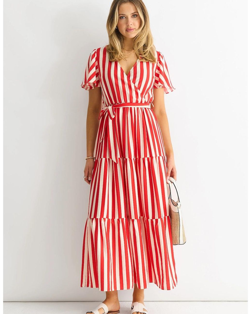 Gini London Red Stripe Wrap Belted Viscose Midi Dress