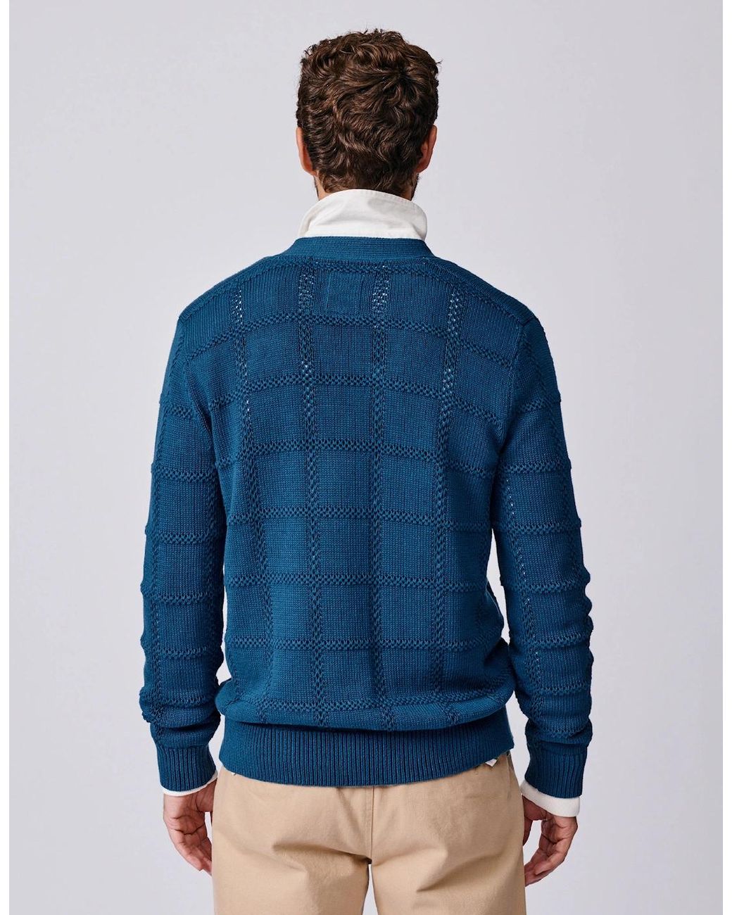 aubi Blue Rainham Cotton Stitch Detail Cardigan for men