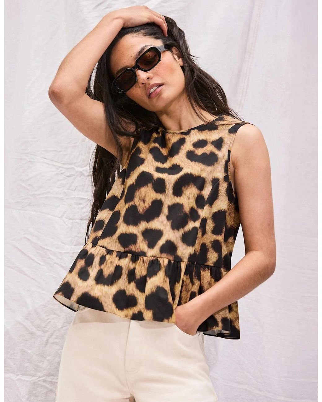 Ro&zo White Leopard-Print Cotton Peplum Top