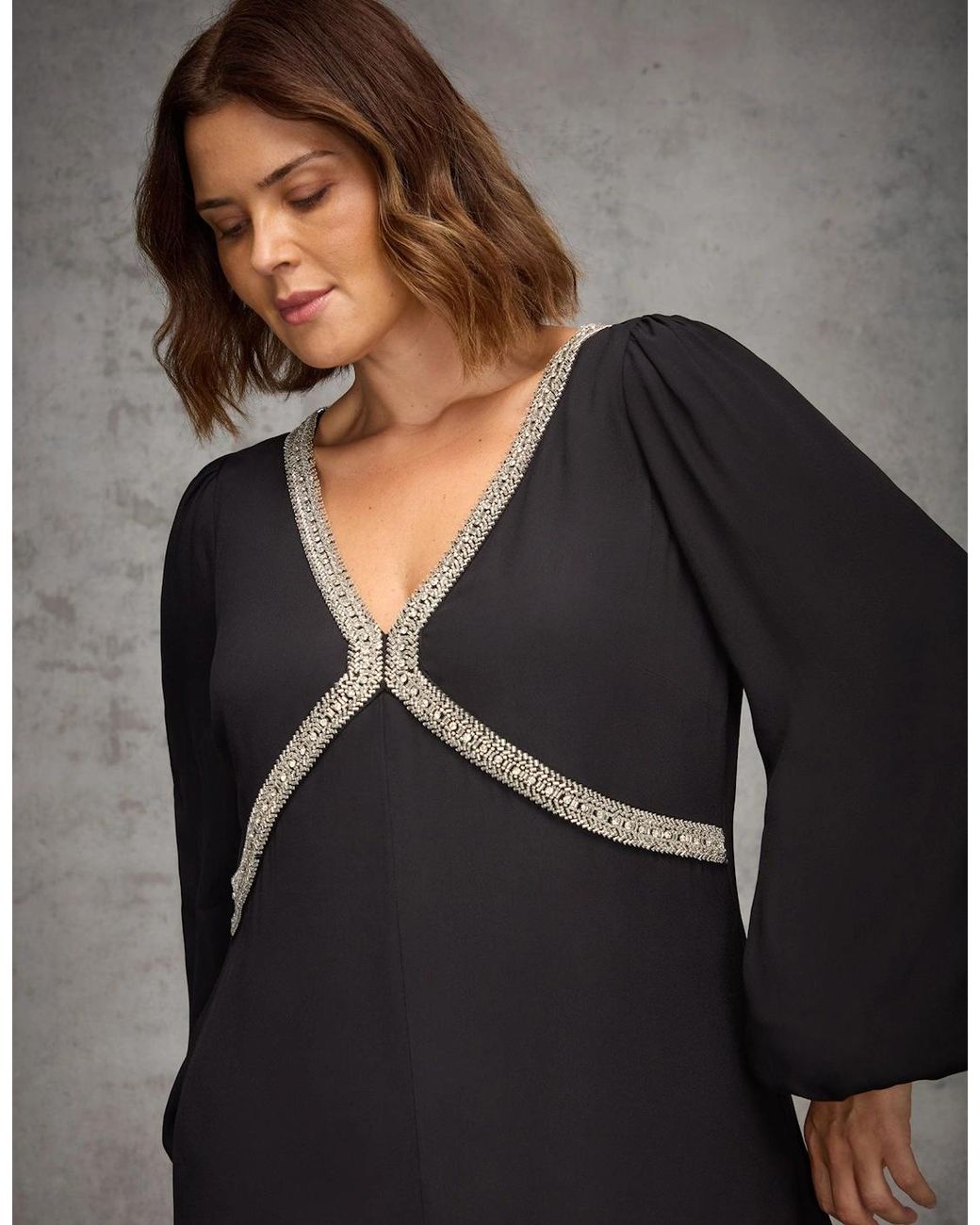 Live Unlimited London Gray Embellished Trim Midaxi Dress