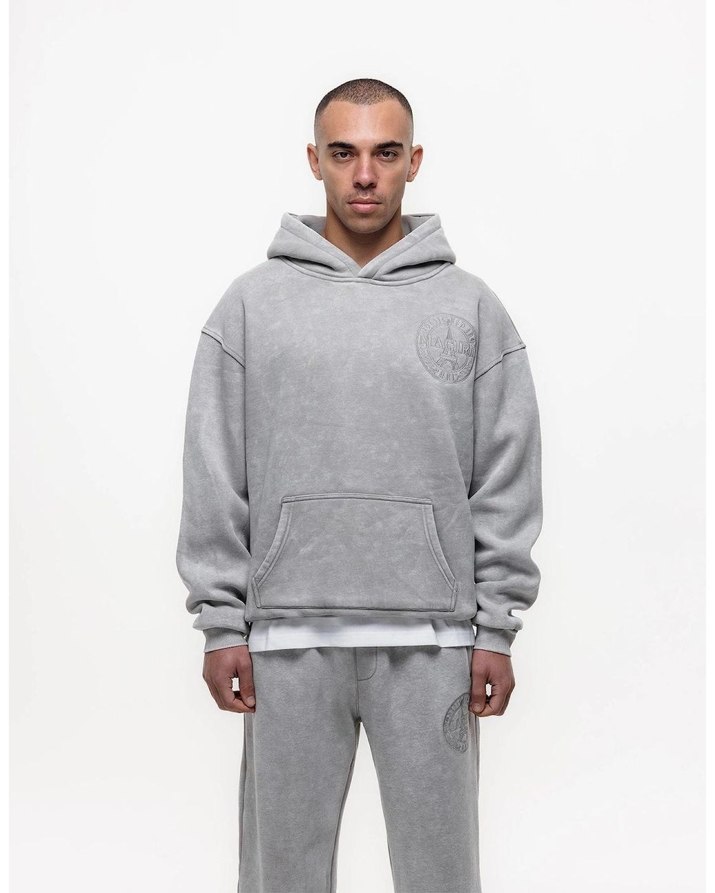 Magrit White Embroidered Acid Wash Hoodie & Jogger Tracksuit for men