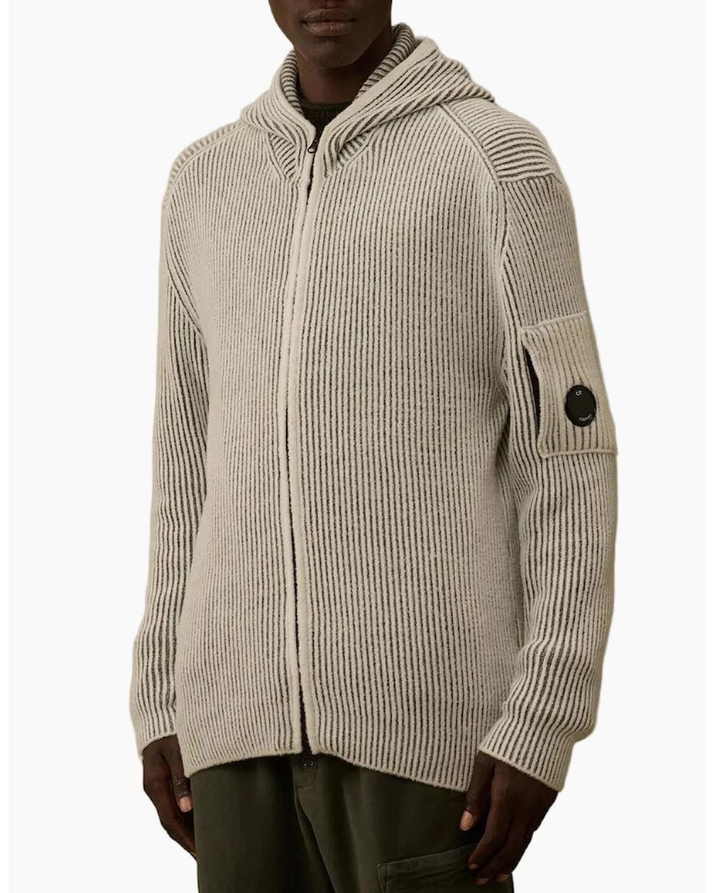 C P Company Gray Fleece Knit Zip Lens Hooded Cardigan for men