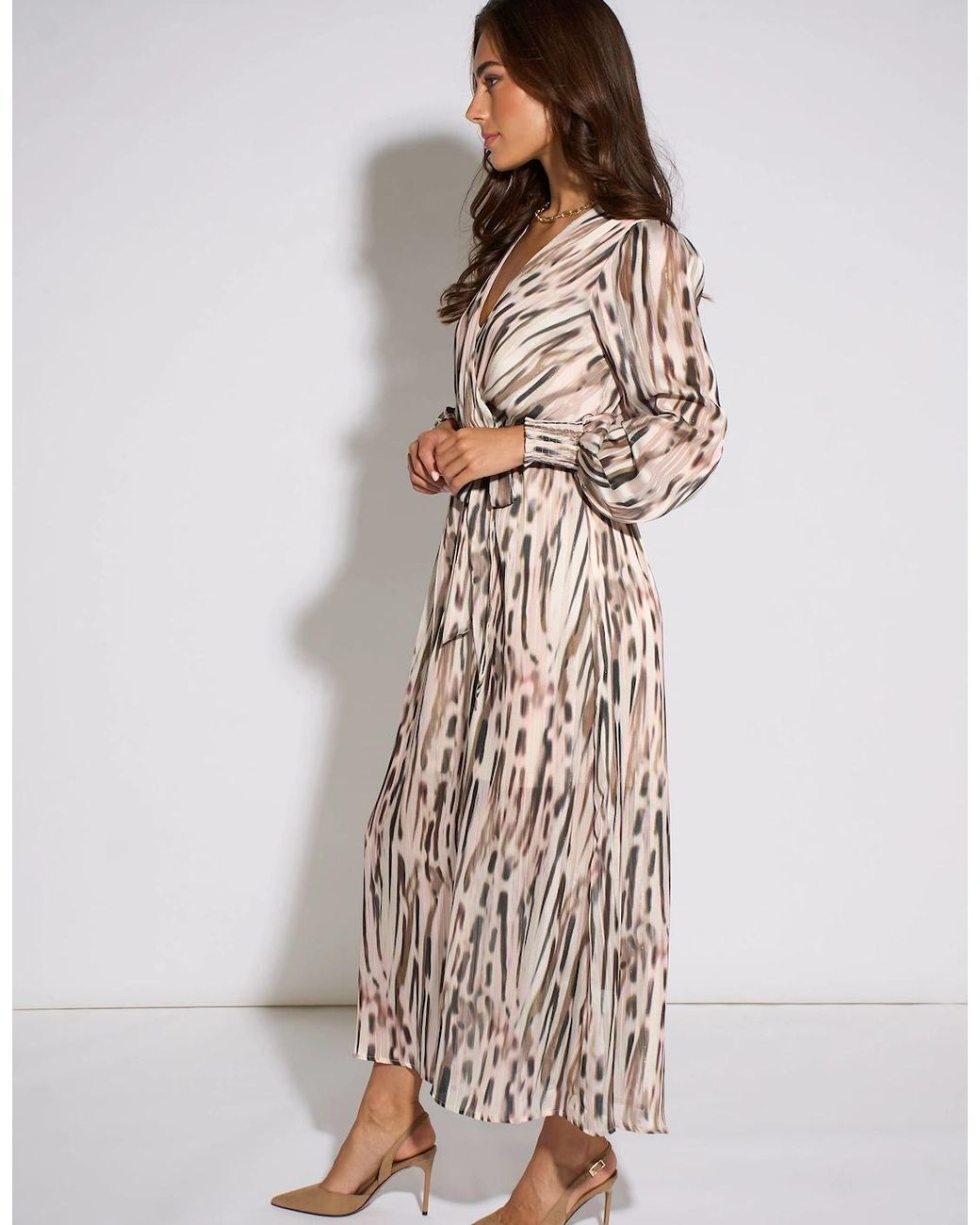 Gini London Natural Off Animal Print Sparkle Wrap Front Midi Dress