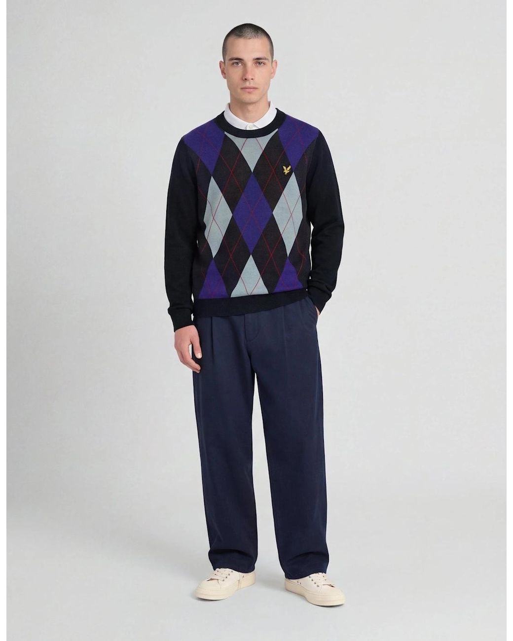 Lyle & Scott Blue Archive Argyle Crew Neck Jumper for men