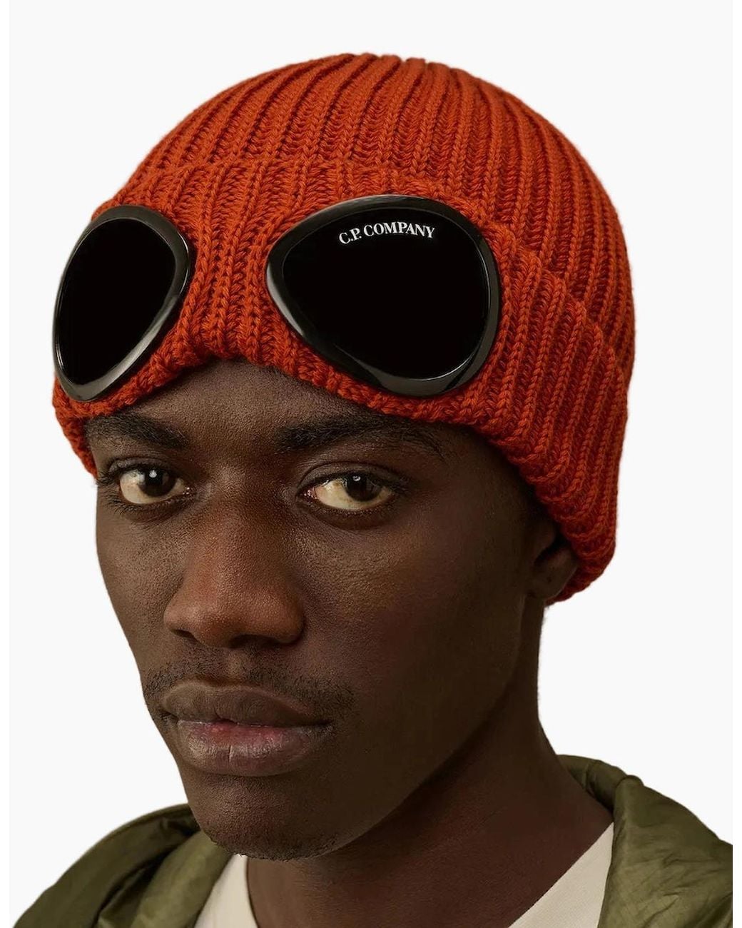 C P Company Red Extrafine Merino Wool Goggle Beanie for men