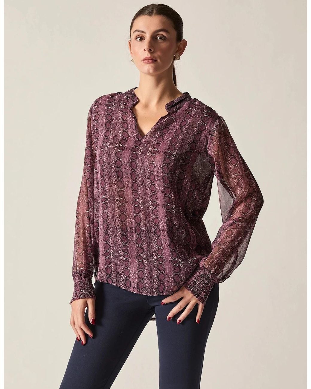 James Lakeland Purple Snake Print Sheer-Sleeve Blouse