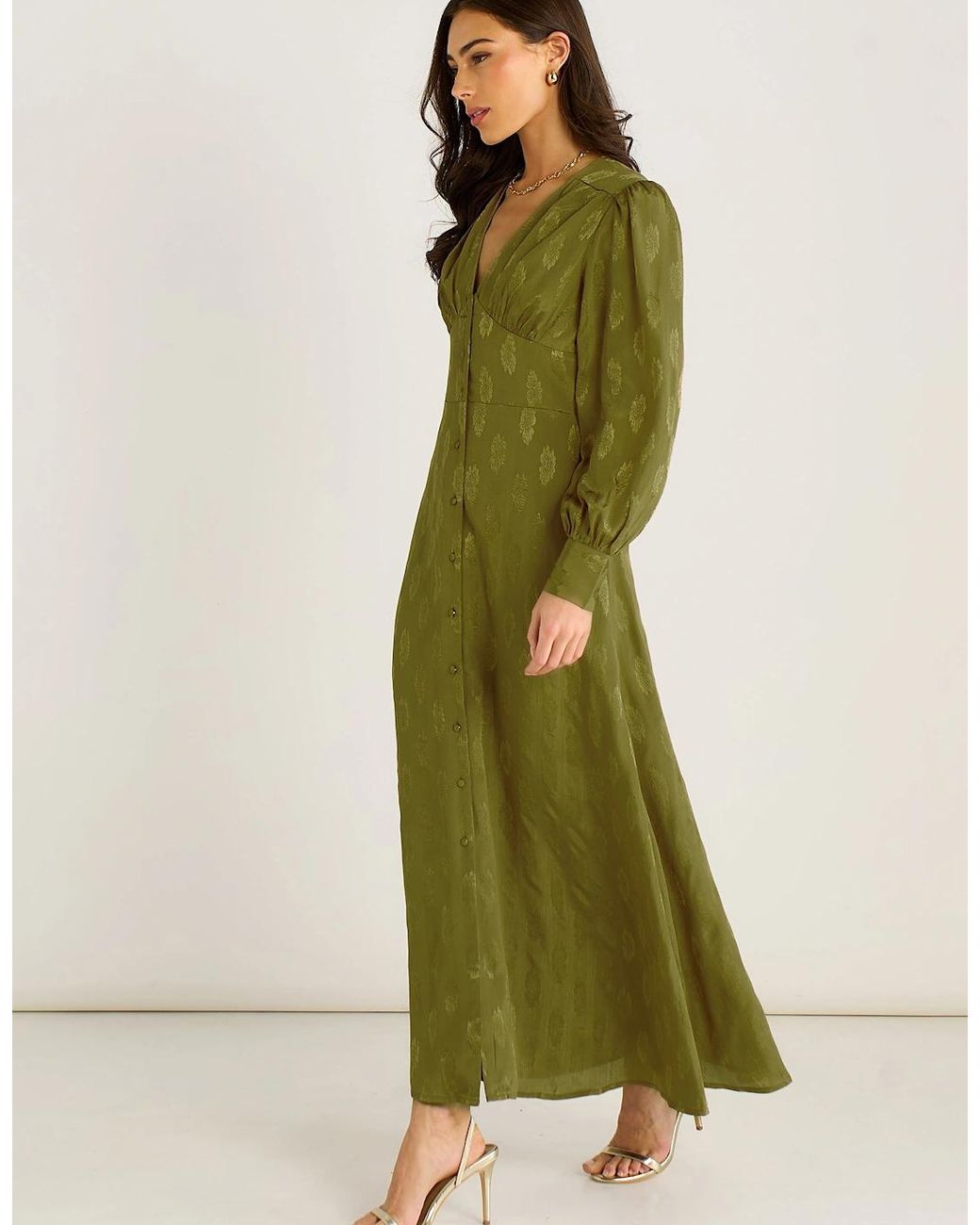 Gini London Green Long Sleeve Floral Satin Jacquard Maxi Dress