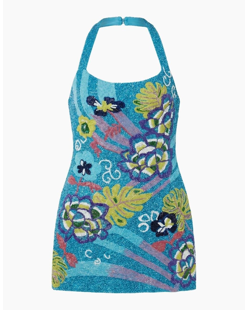 Oceanus Blue Flower And Monsterra Hand Beaded Mini Dress