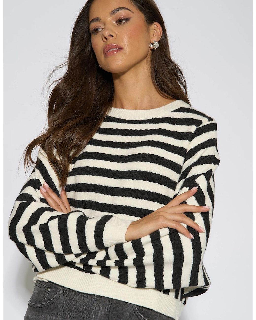 Gini London Blue Recycle Mix Contrast Stripe Loose Fit Knit Jumper