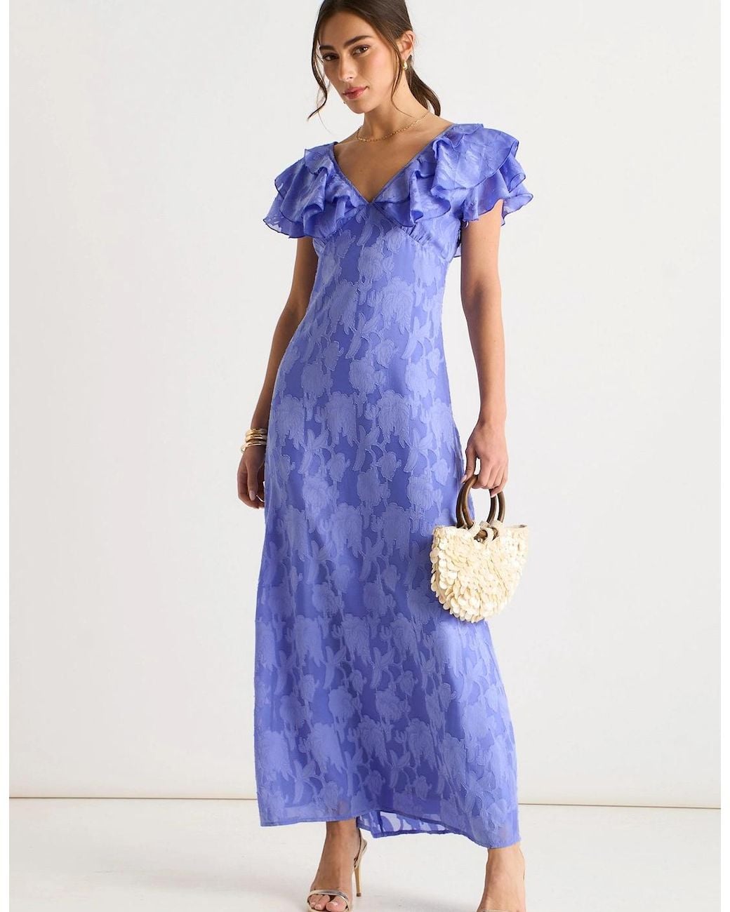 Gini London Blue Satin Jacquard Ruffle Maxi Dress