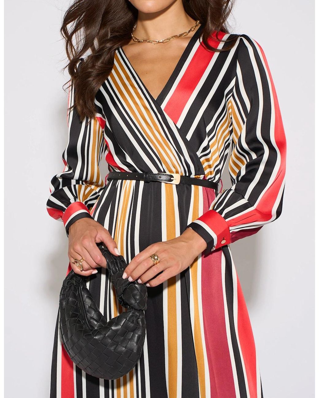Gini London Red Multi Stripe Satin Wrap Midaxi Dress