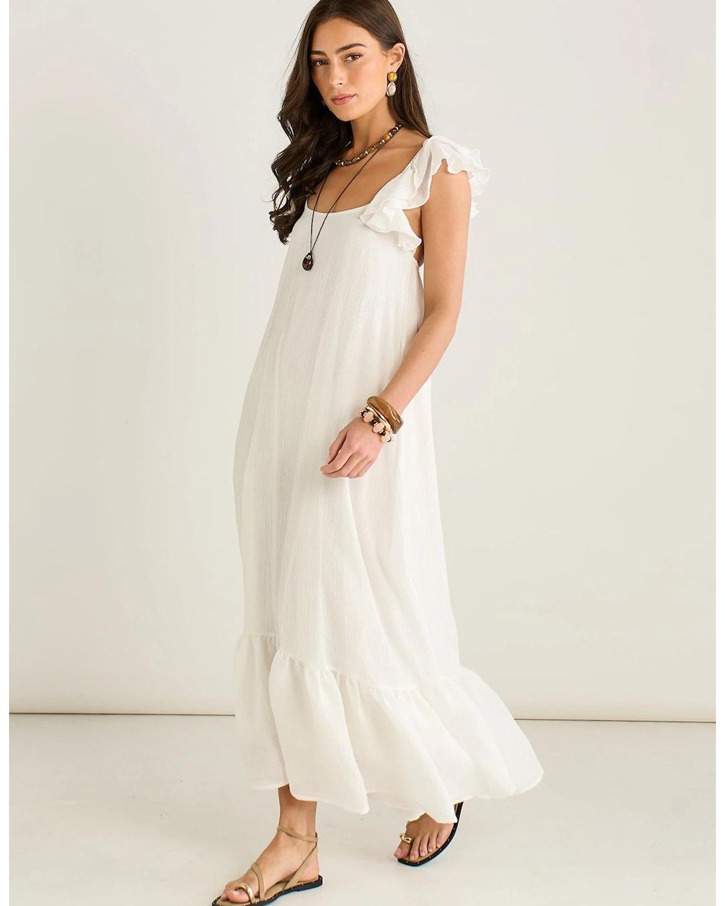 Gini London Natural Ruffle Short Sleeve Viscose Maxi Dress