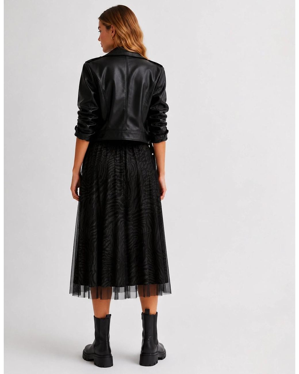 Gini London Black Animal Print Mesh Overlay Pleated Midi Skirt