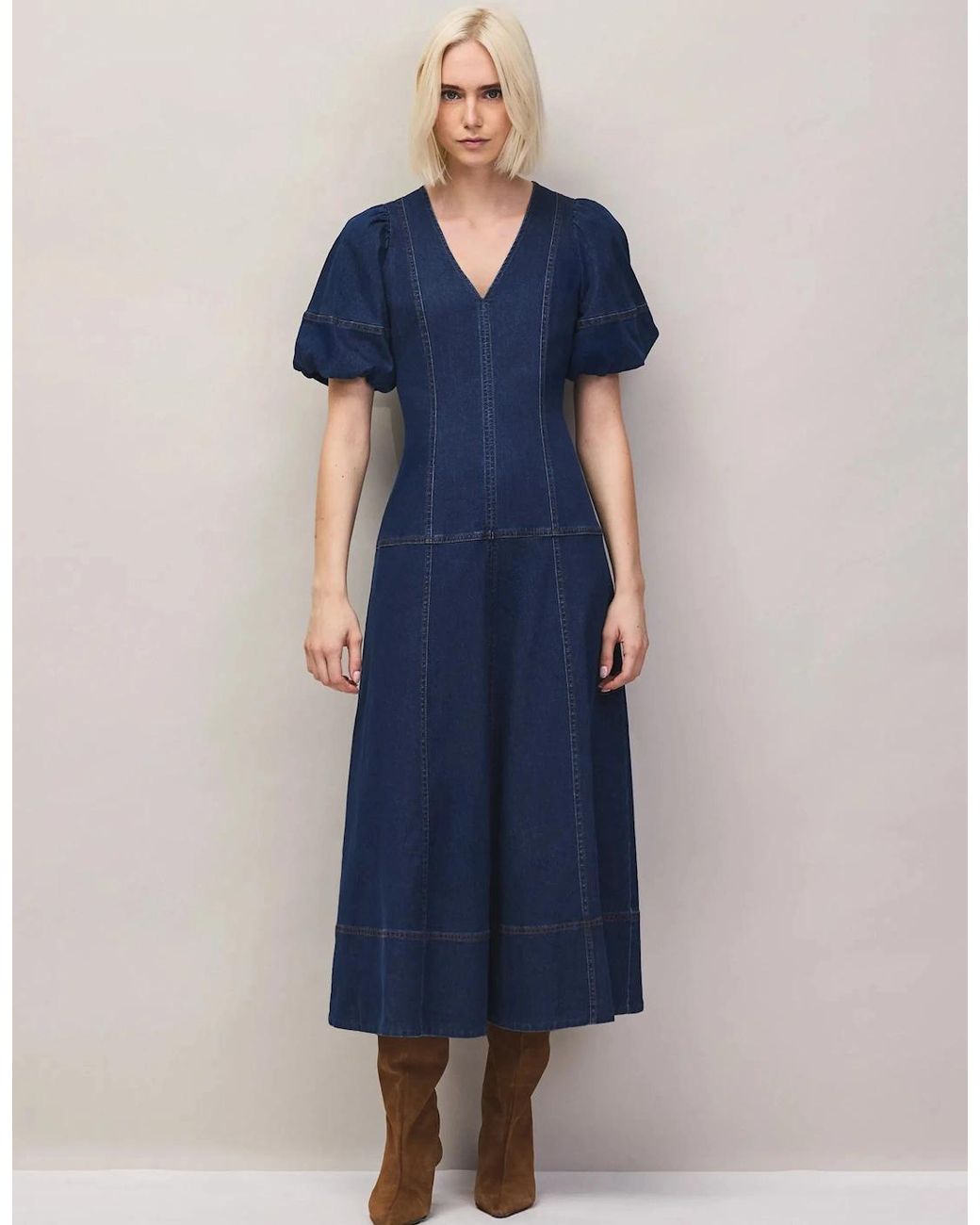 Ro&zo Blue Petite Denim Puff Sleeve Midi Dress