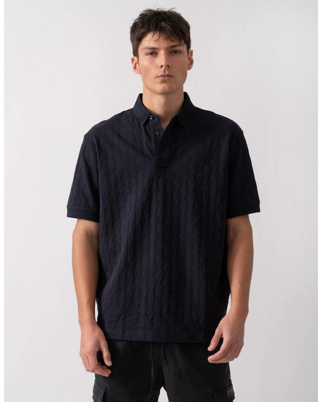 ARMANI EXCHANGE Black Regular Fit Polo Shirt With Tone-On-Tone Allover Logo for men