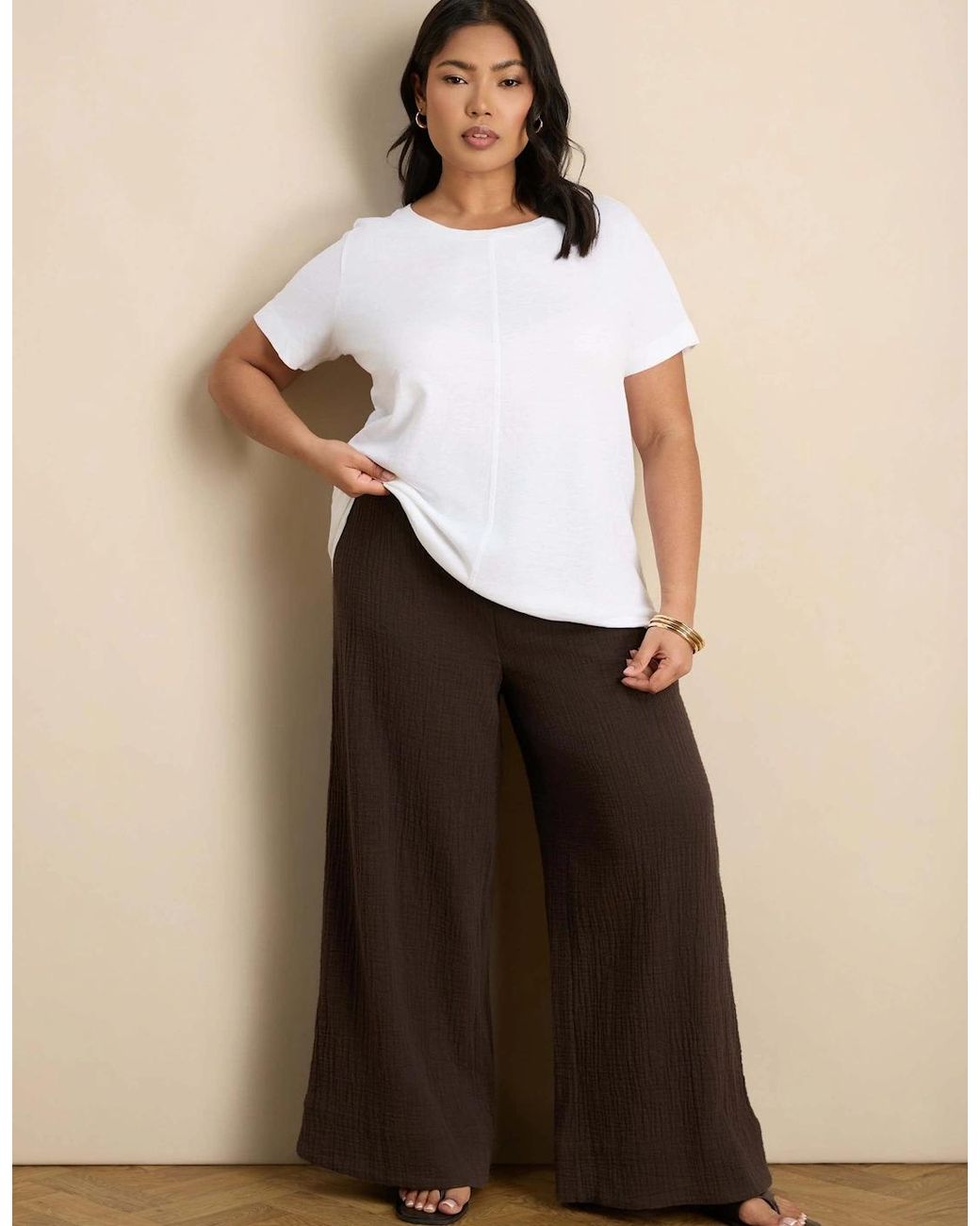 Live Unlimited London Brown Chocolate Cheesecloth Wide Leg Trouser