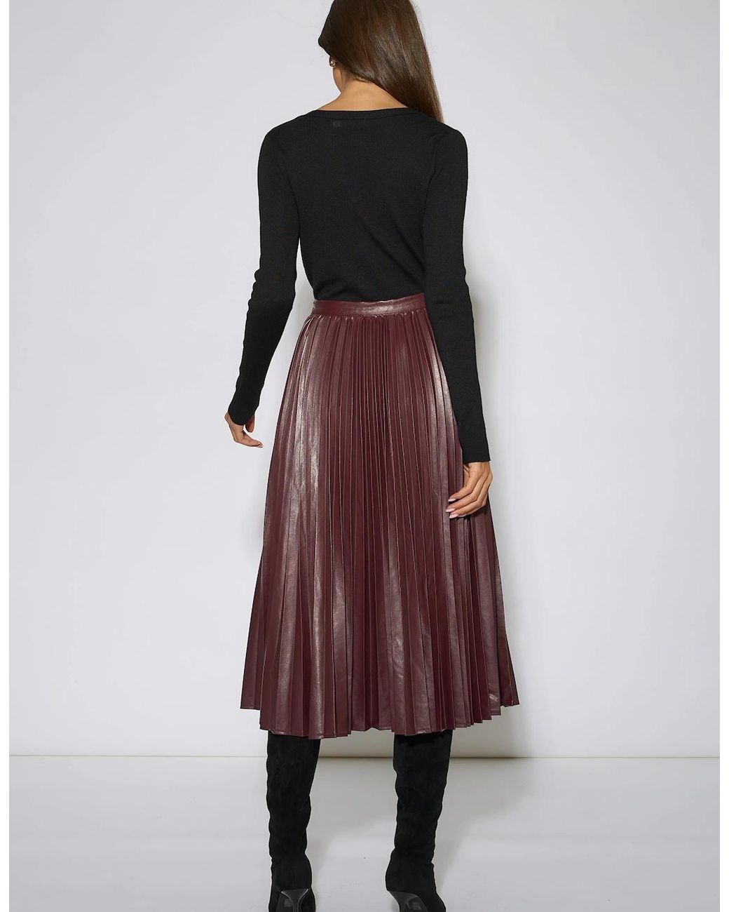 Gini London Purple Burgundy Pleated Faux Leather Midi Skirt