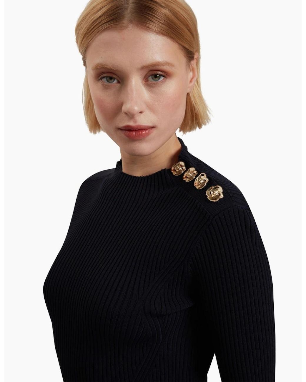 Ted Baker Black Lilano Ribbed Knit Button Detail Dress
