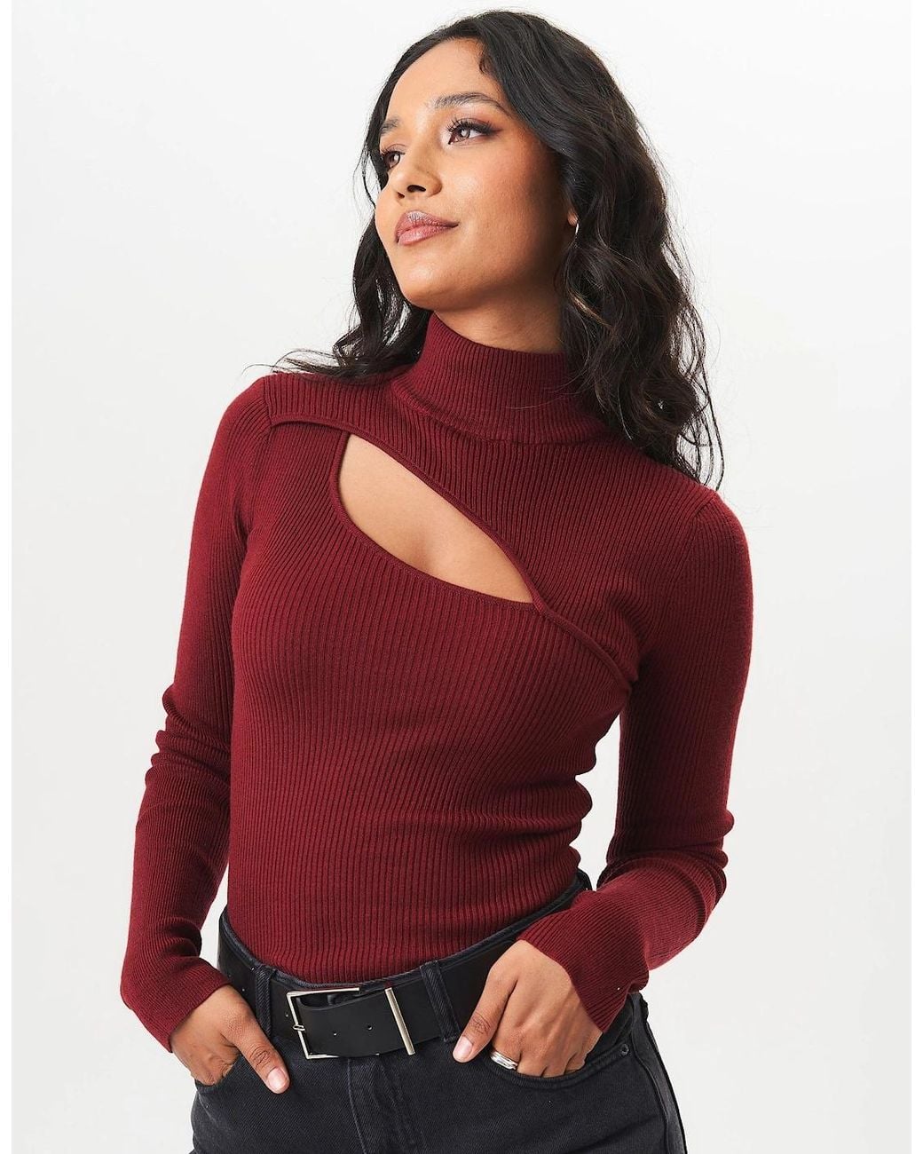 Gini London Red Burgundy High Neck Cut Out Detail Jumper